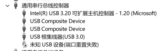 重启后设备管理器中的未知 USB 设备显示为已禁用